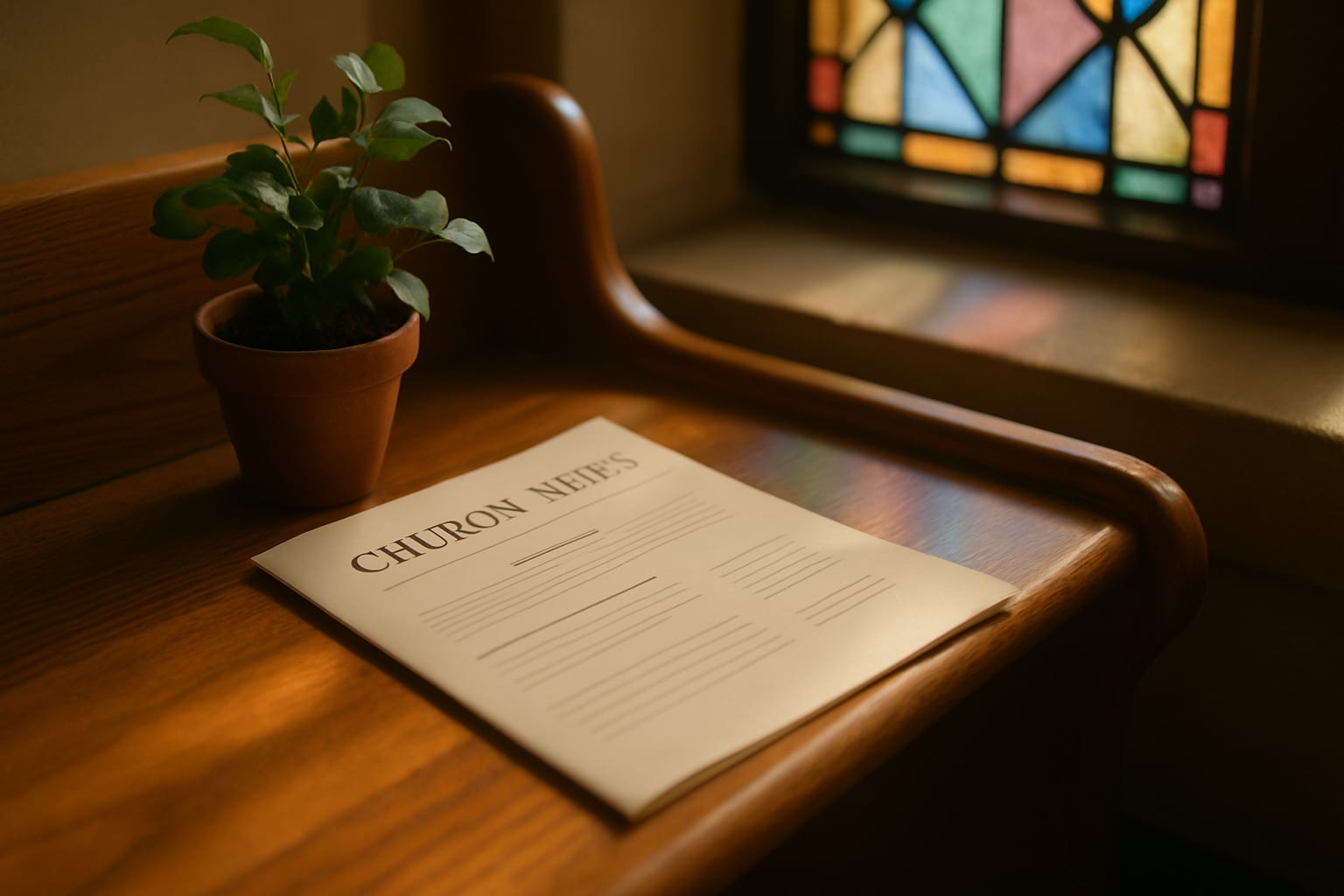 A church newsletter resting on a wooden pew in soft light