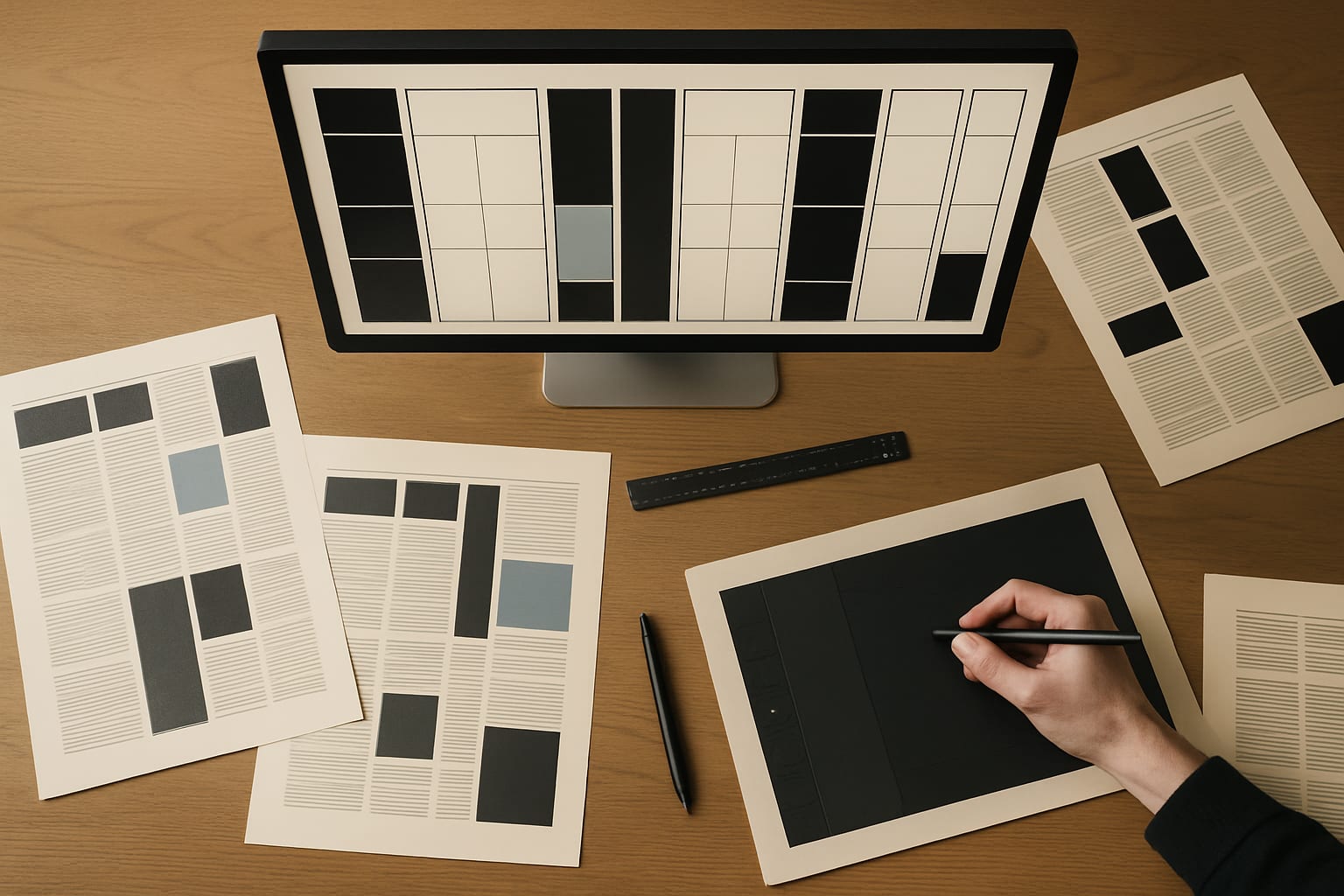A page-layout grid on a monitor beside printed newspaper pages