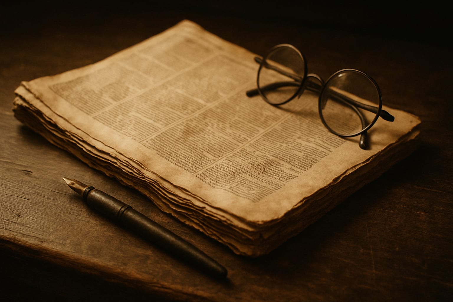 An aged vintage newspaper on an antique wooden table